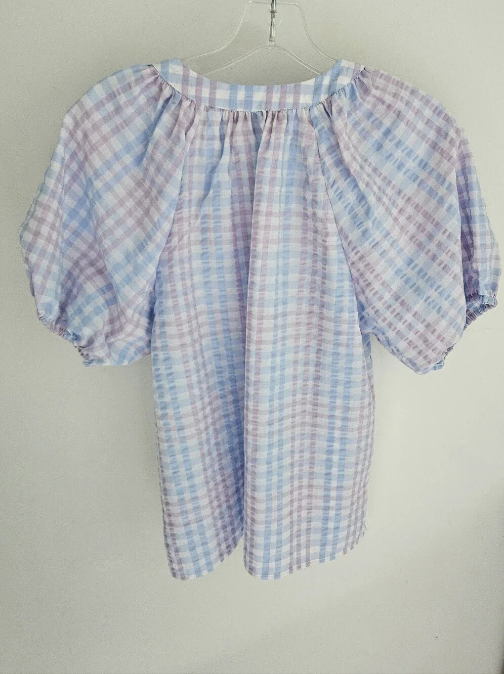 Loft Pastel Check Balloon Sleeve Blouse Blue And Lavender